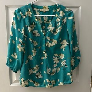 Loft Turquoise Floral Blouse Size Small PETITE SP
